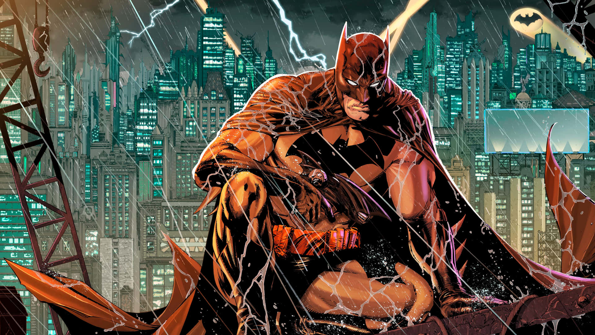 Batman sidder på et tag med en by i baggrunden Wallpaper