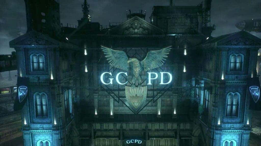 Gotham City Police Department building illuminated at night Wallpaper