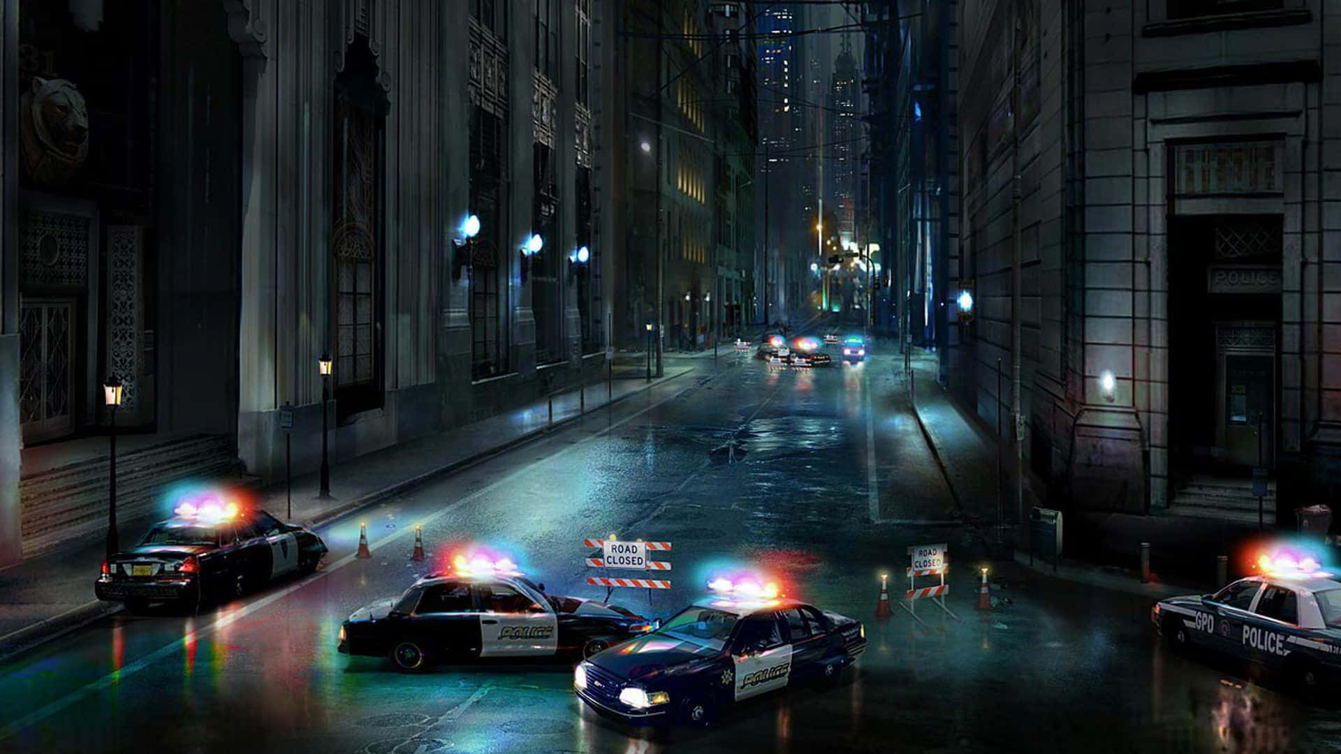 Caption: Gotham City Police Department under a dark night sky Wallpaper