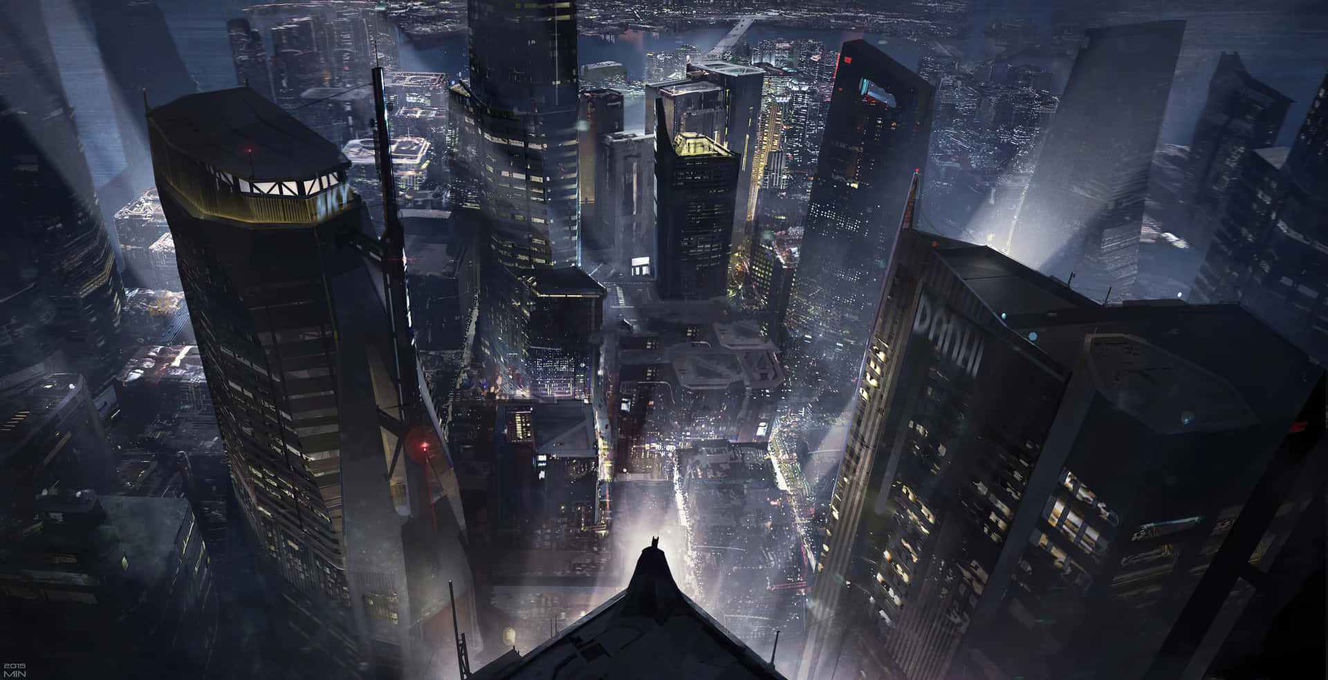 Et udsigt fra oven af det ikoniske Gotham City skyline. Wallpaper