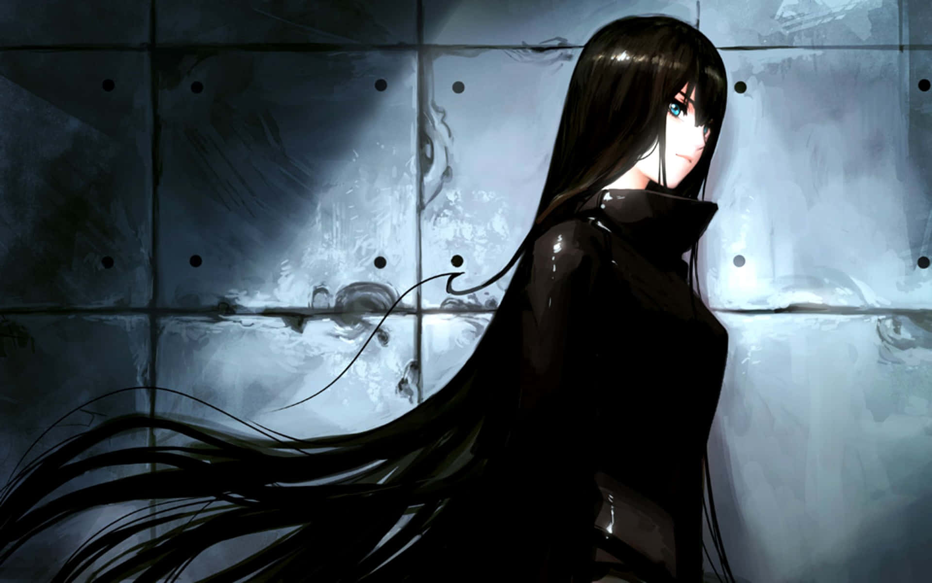 En sort anime pige med langt hår står foran en mur af roser. Wallpaper
