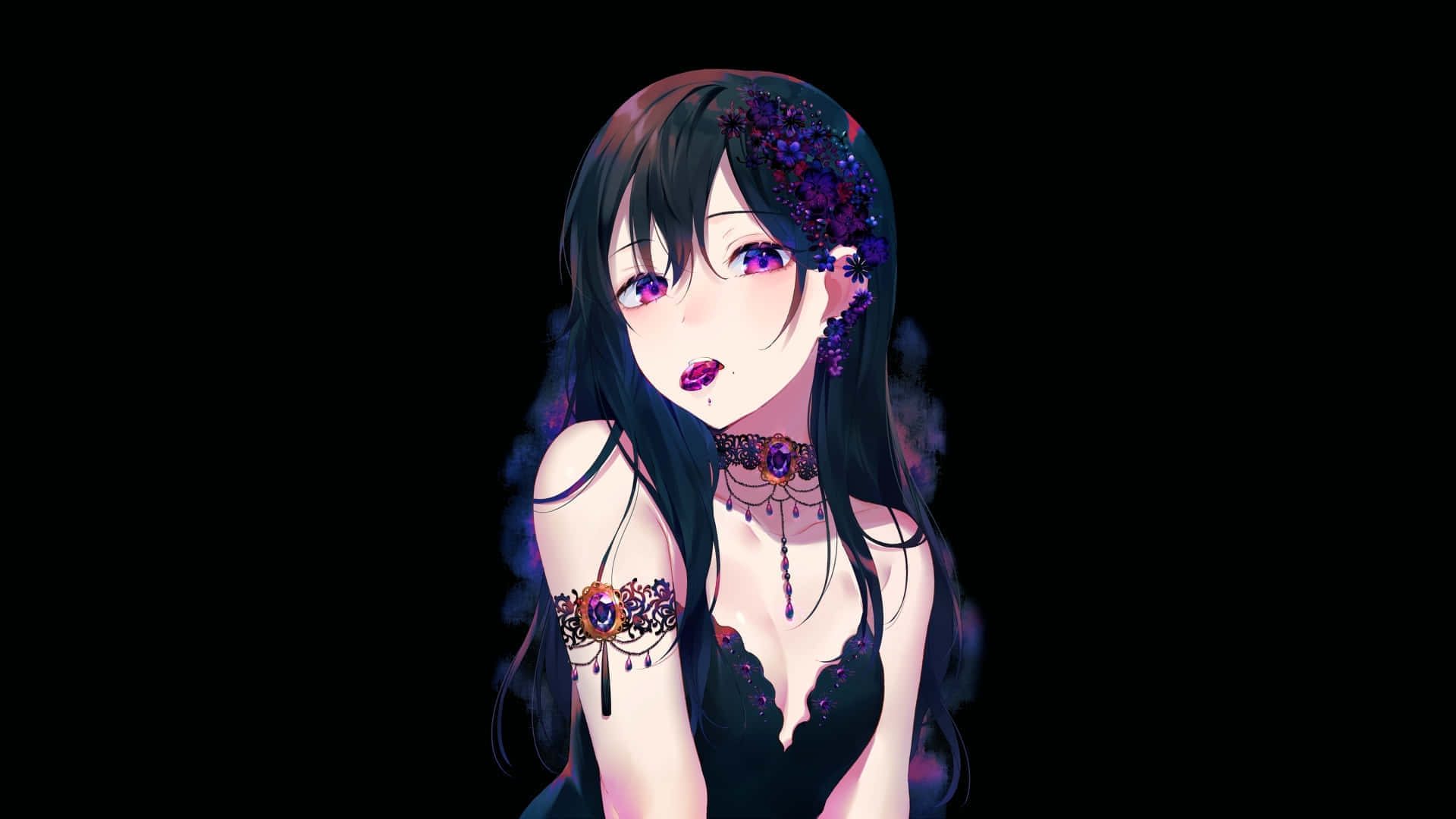 Gothic Anime Girl Floral Accents Wallpaper