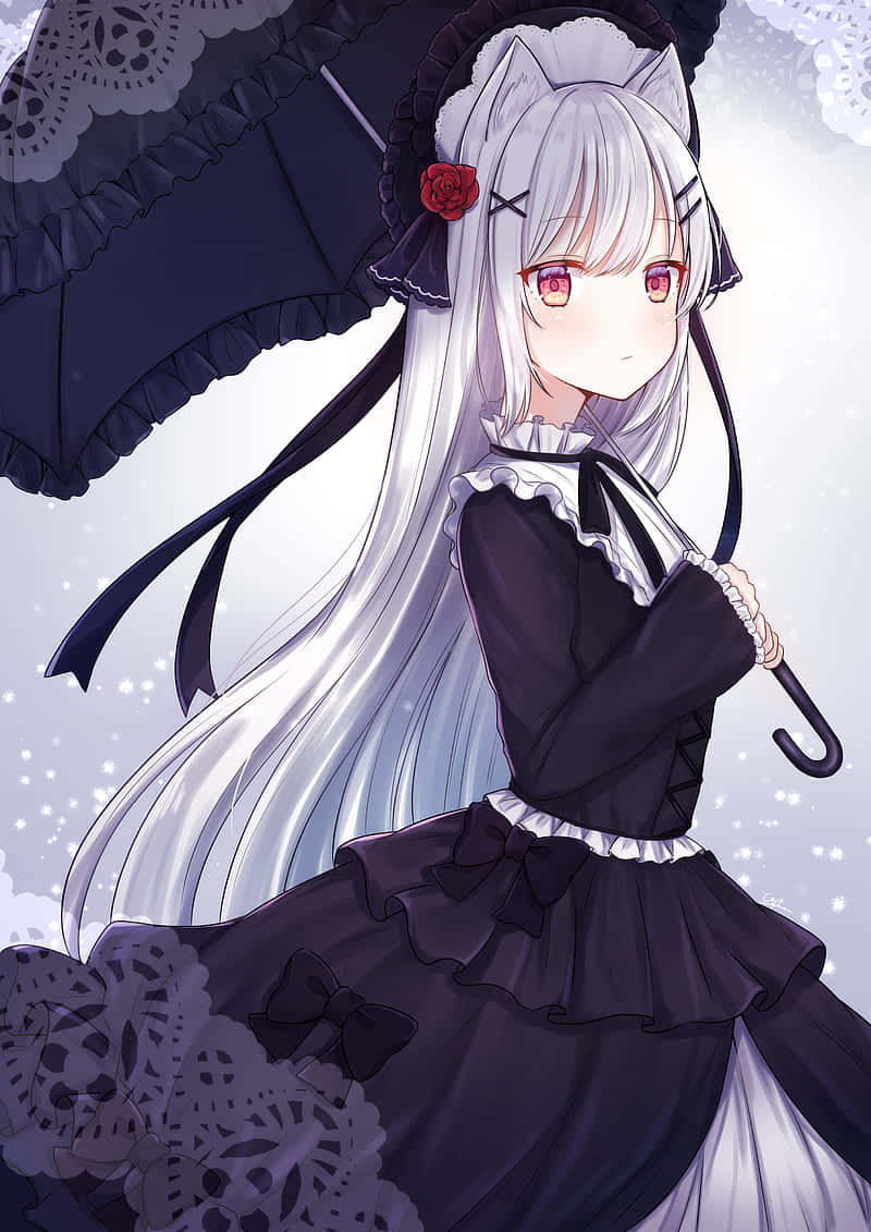 Download Gothic Anime Girl Wearing Black Dress With Parasol Wallpaper |  