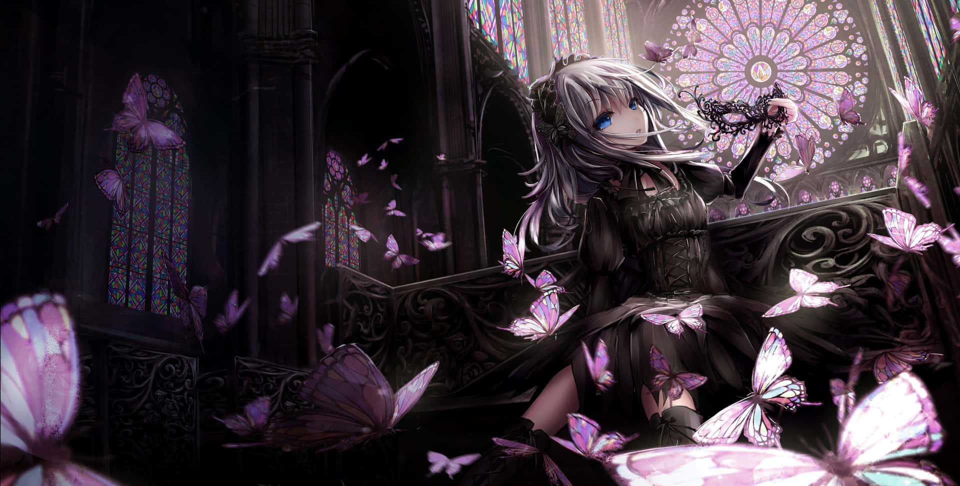 Gothic_ Anime_ Girl_with_ Butterflies Wallpaper