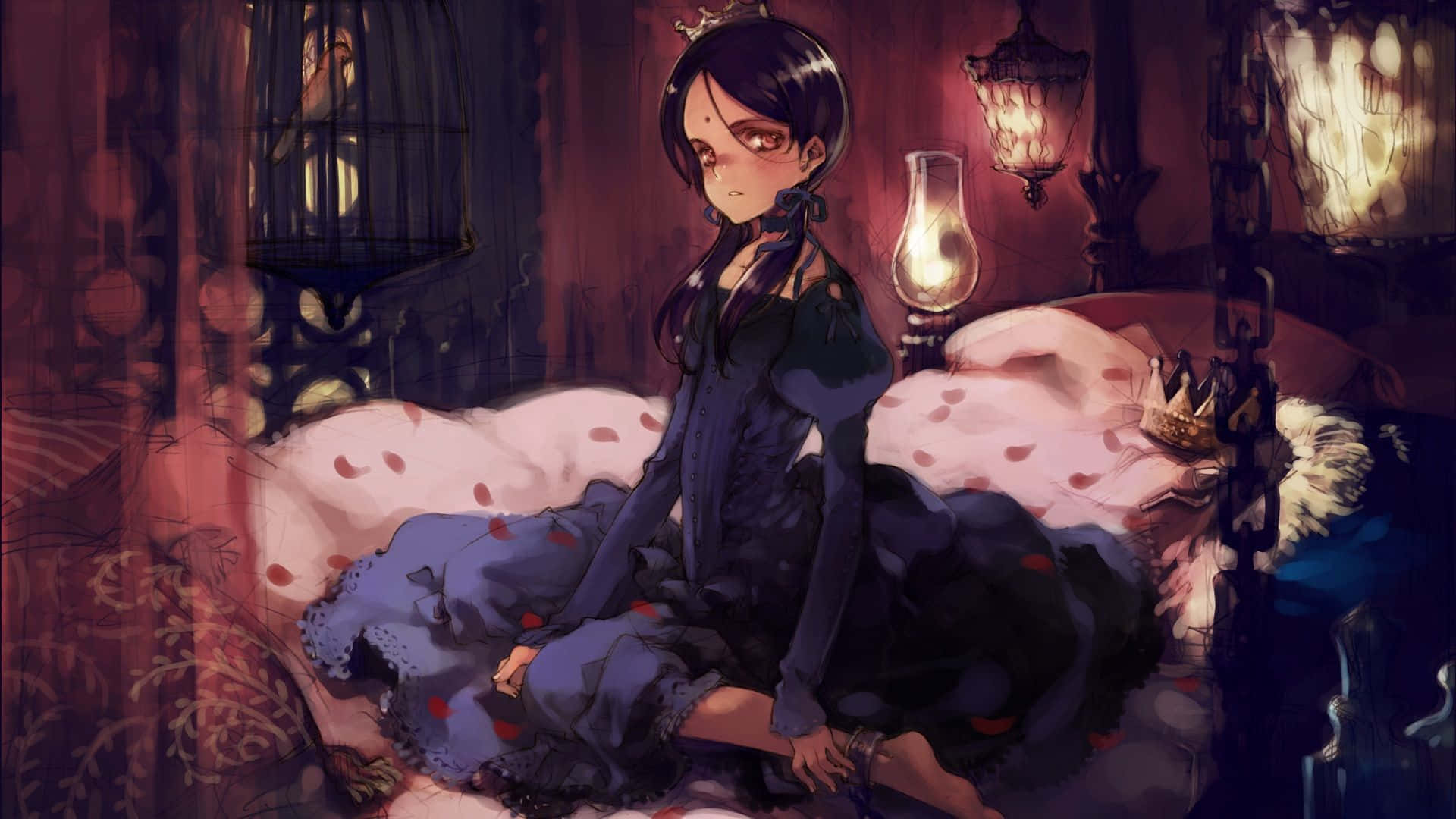 En mysteriøs emo-gothisk anime-pige kikker ud bag en skræmmende krypteindgang. Wallpaper