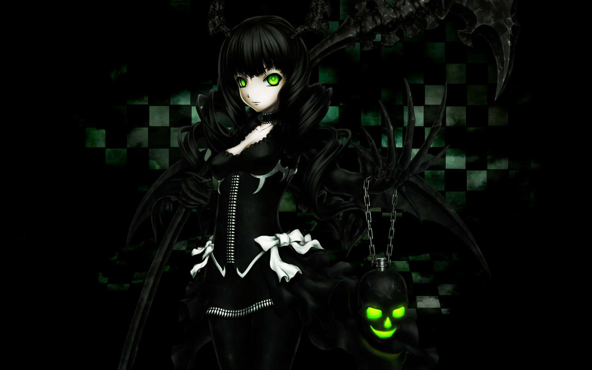 En pige i sort og grøn med et skelet til ansigtet Wallpaper