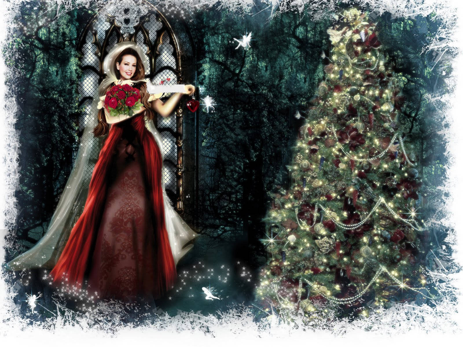 En kvinde i et rødt kjole står ved siden af ​​et juletræ Wallpaper