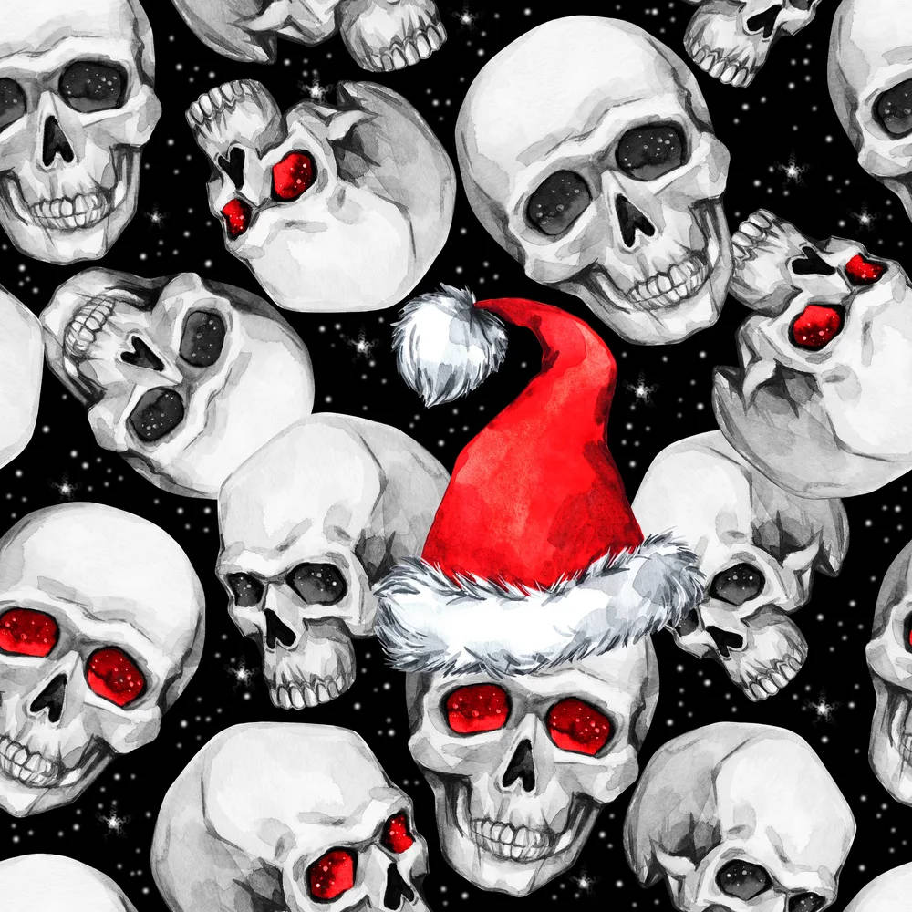 Einnahtloses Muster Von Totenköpfen Mit Weihnachtsmann-hüten Auf Ihnen. Wallpaper