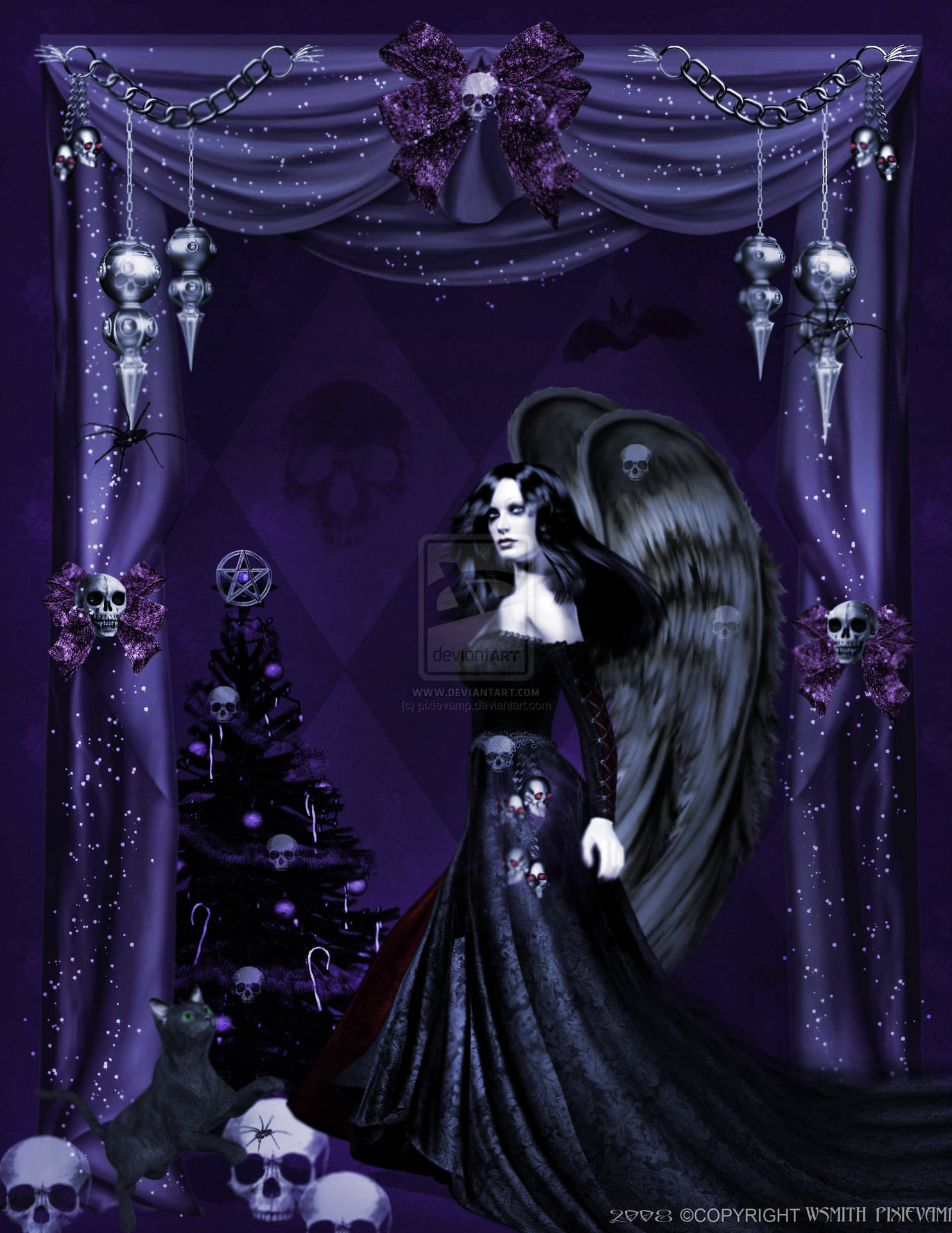 En kvinde i sort kjole med et knogleskal og en krans af lianer. Wallpaper