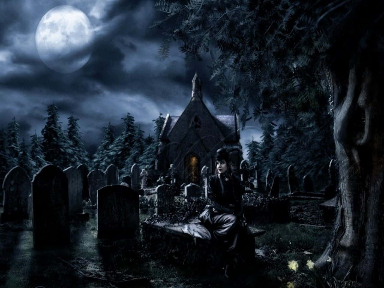 A Woman Sitting In A Cemetery With A Full Moon Wallpaper