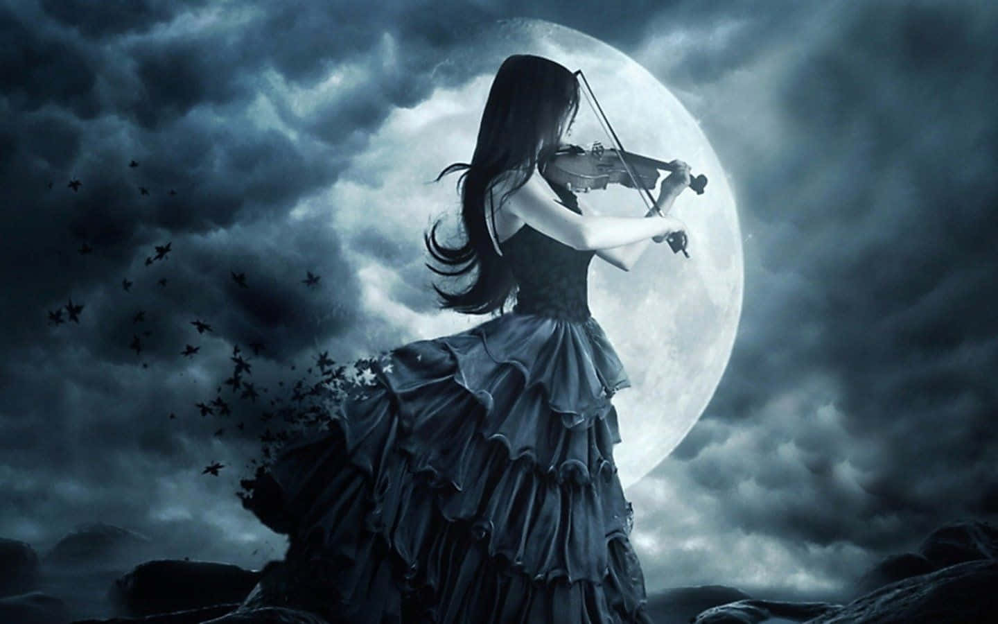 Gothic Computer Girl With Violin Full Moon Wallpaper