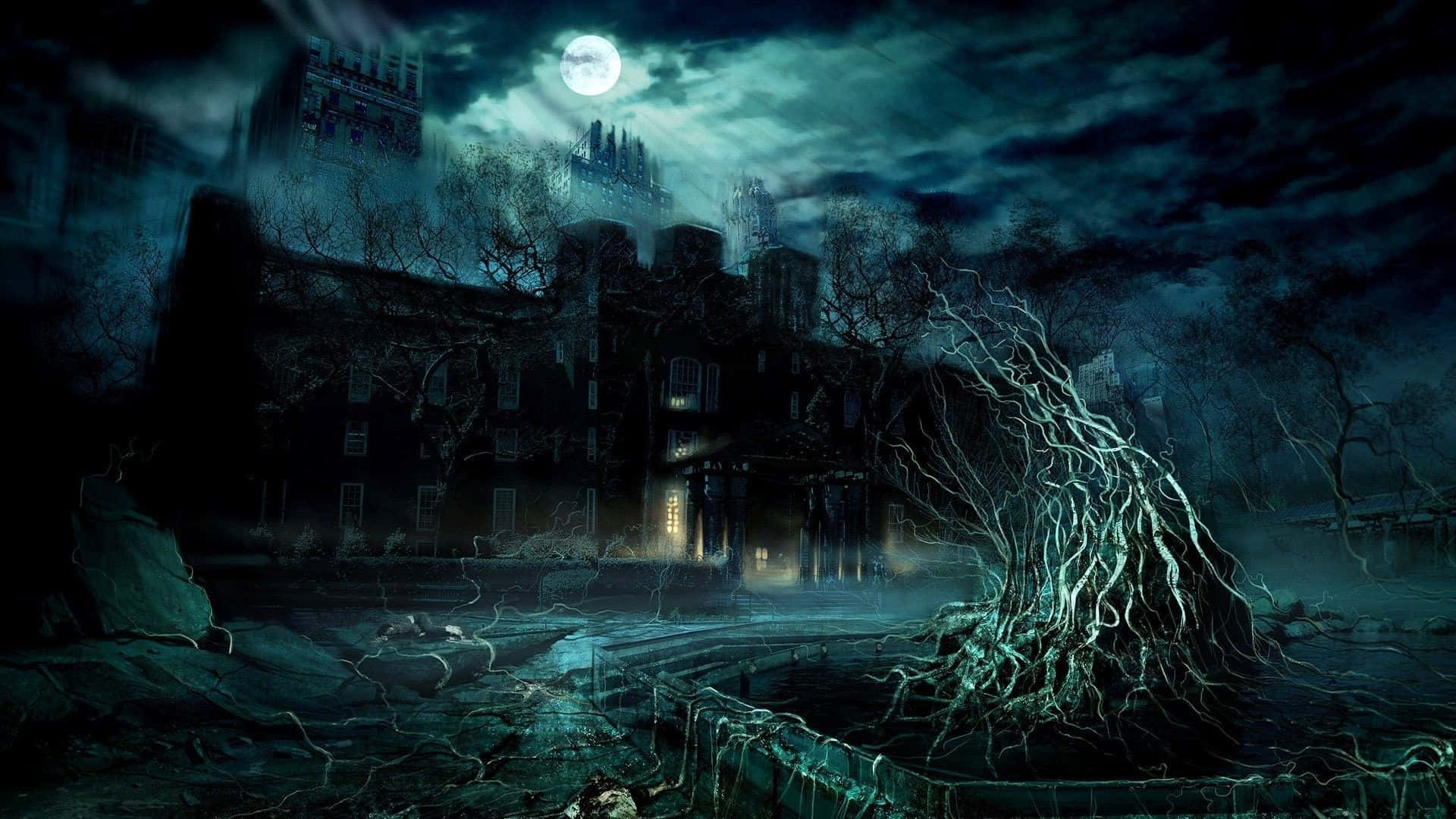En mørk nat scene med et træ og et slot i baggrunden. Wallpaper