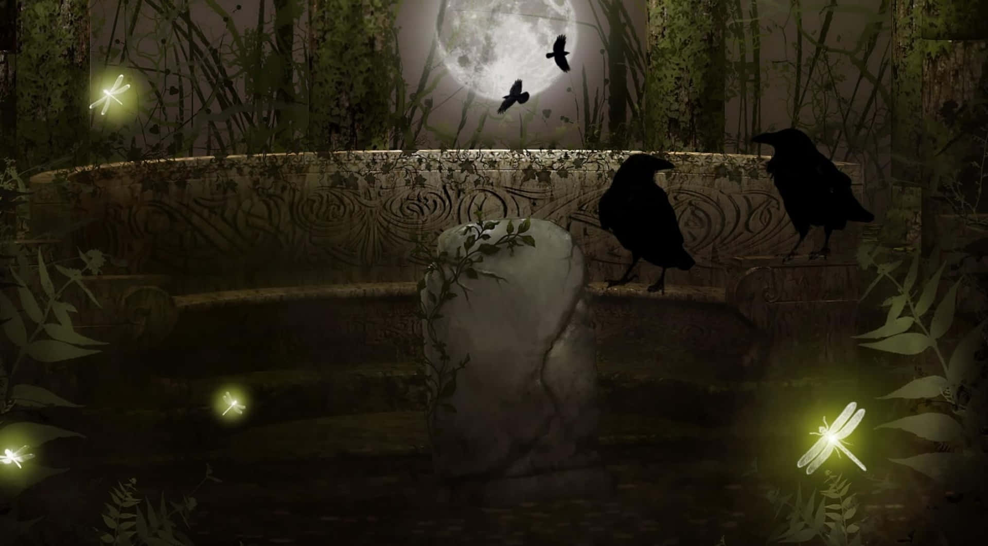 A Graveyard With Crows And Flies In The Night Wallpaper