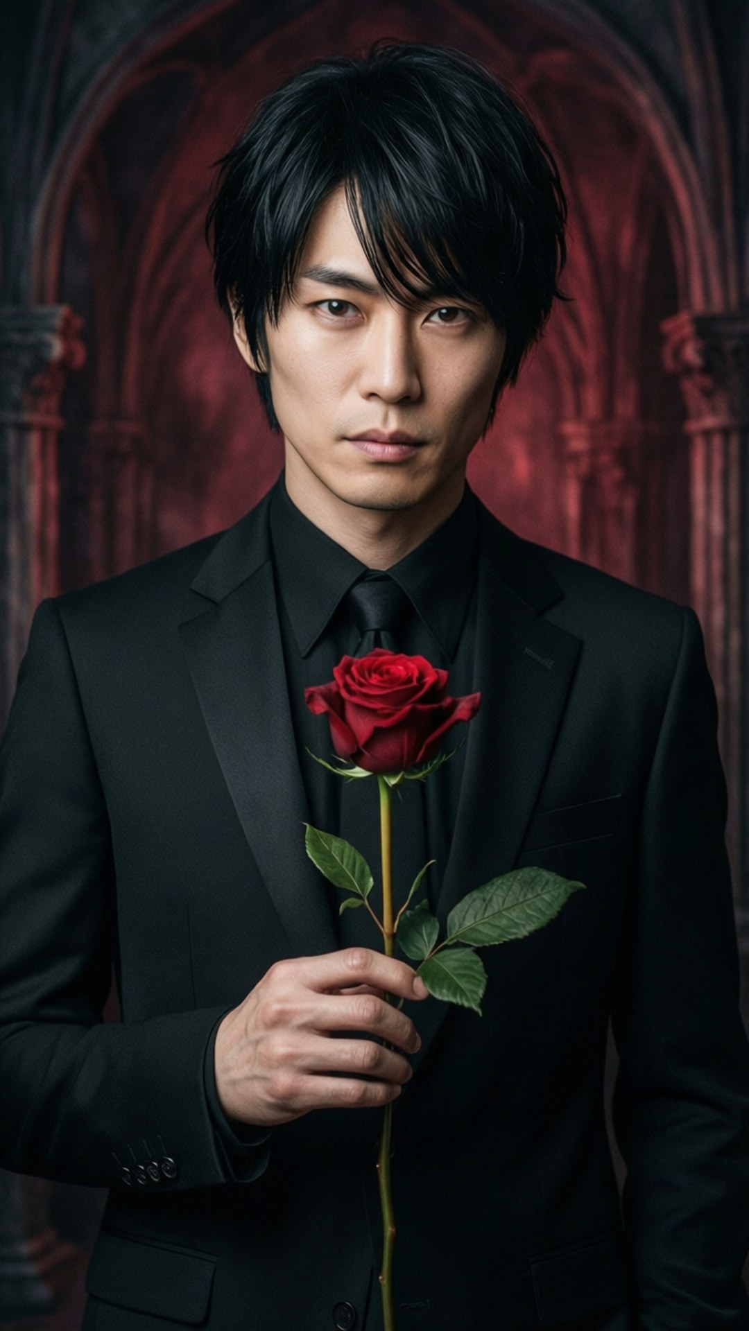 Rentaro Satomi i en gotisk setting, holder en rose, mørk og sofistikert.