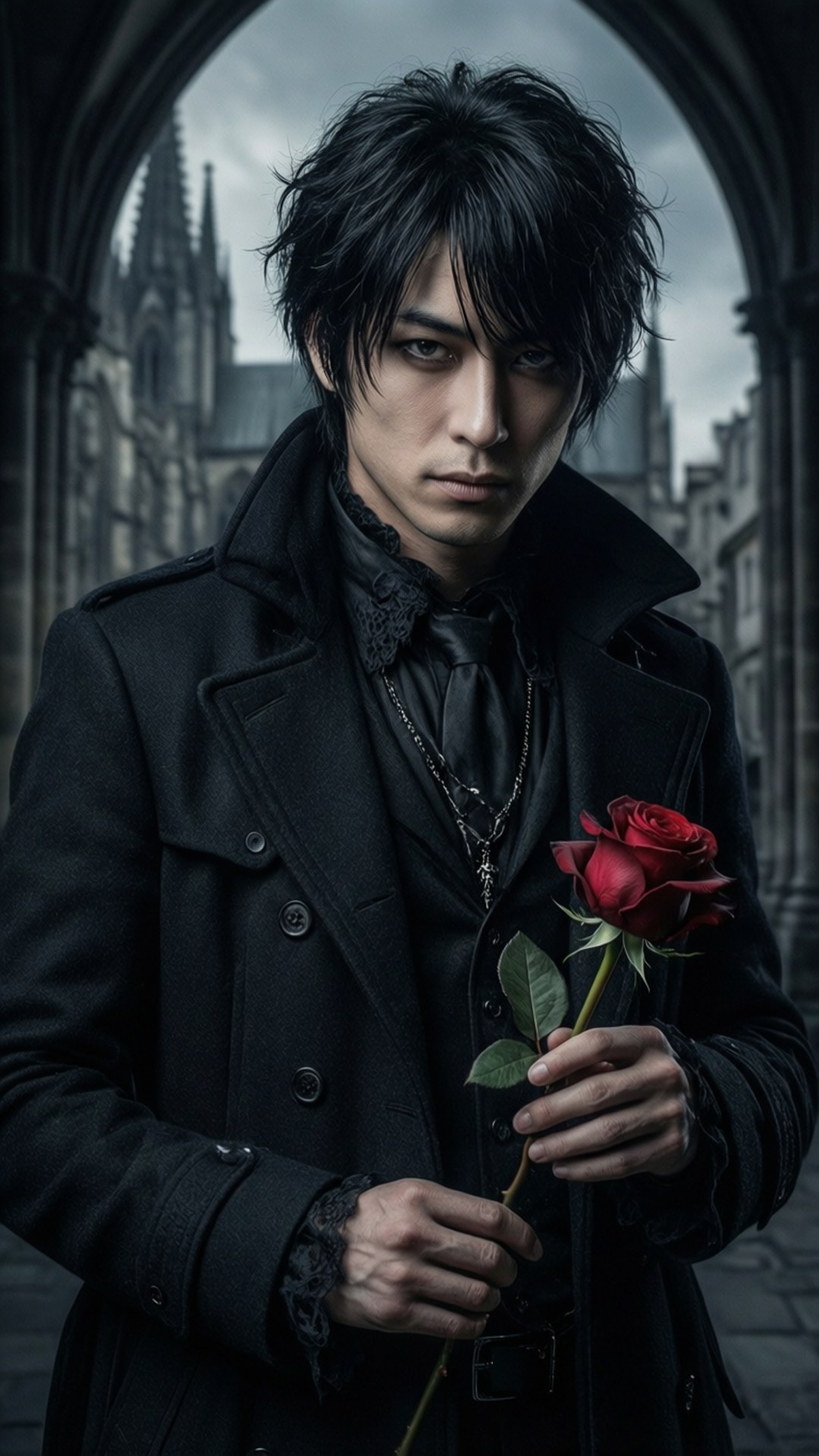 Gotisk inspirert portrett av Takuma Ichijo med en rose i en katedral
