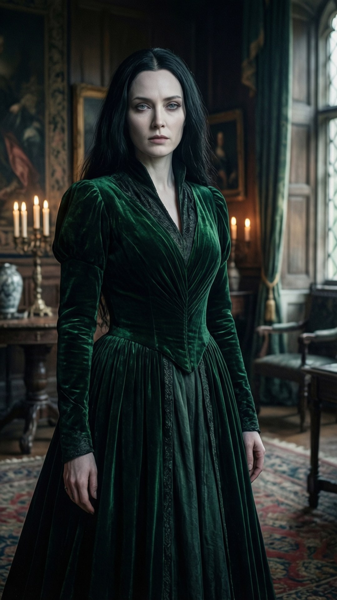 Narcissa Malfoy i en mørkegrøn kjole, elegant og kold i Malfoy Manor