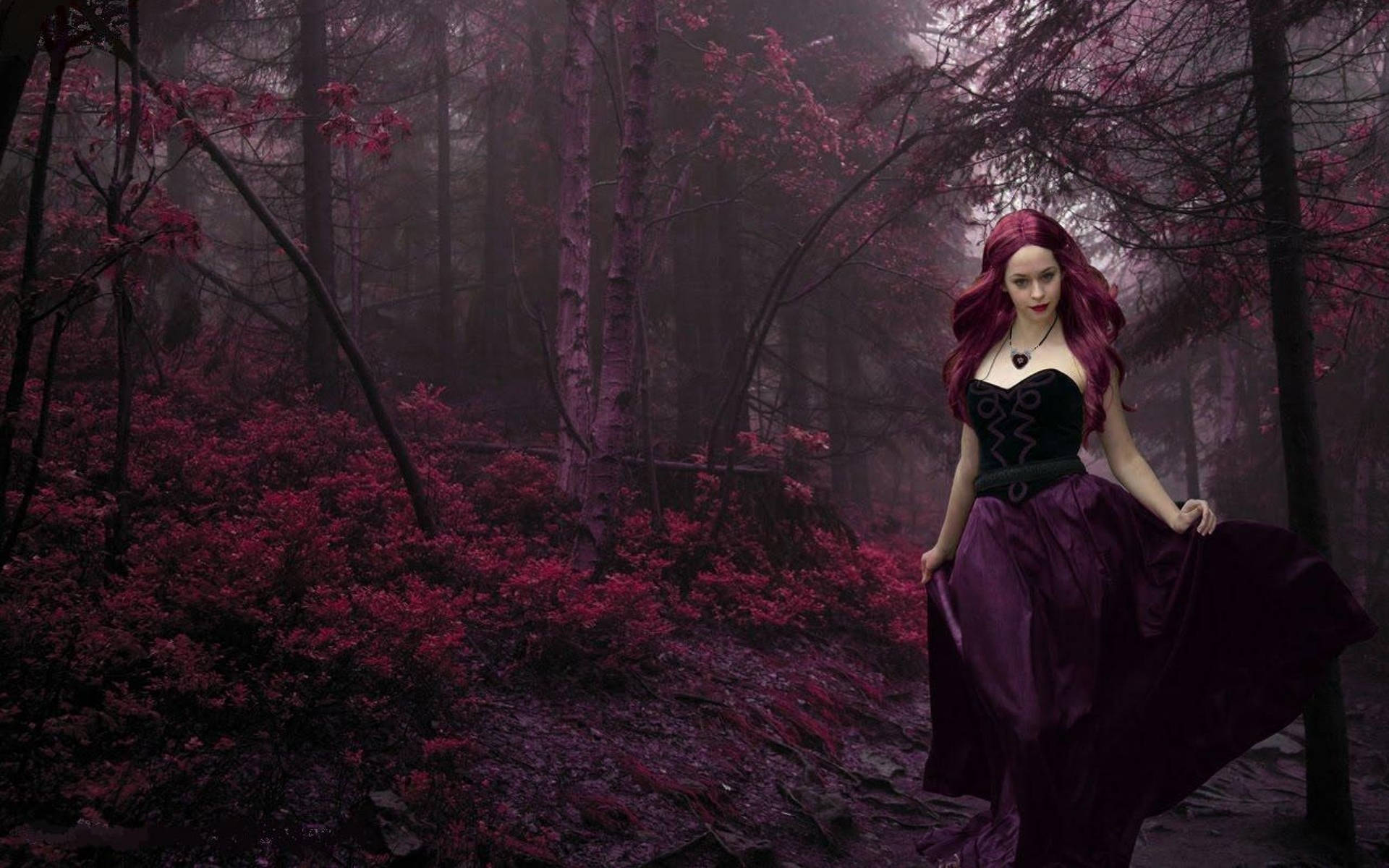 Mysterious Gothic Girl in a Dark Purple Forest Wallpaper