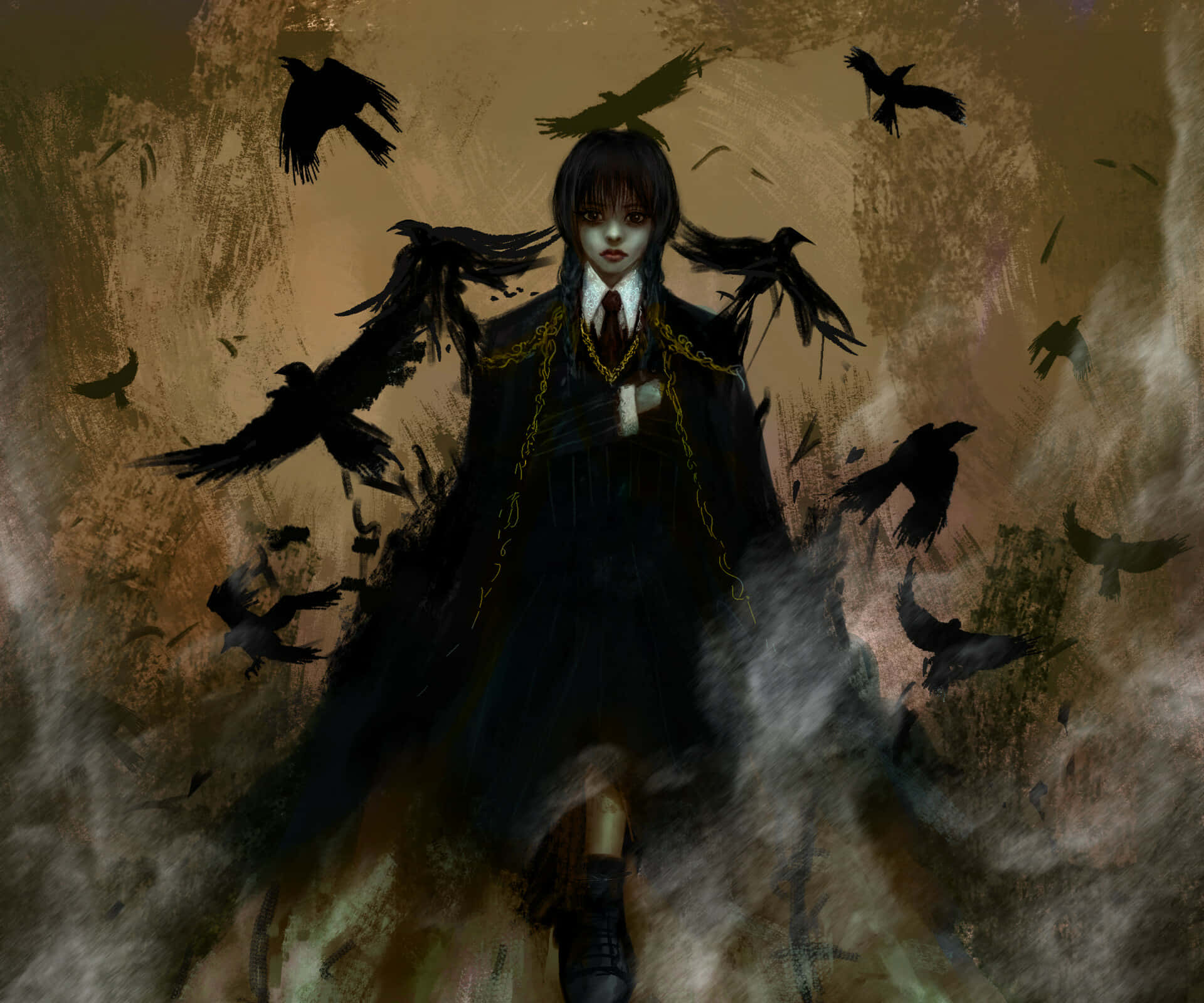 Gothic Girl Surroundedby Crows Wallpaper