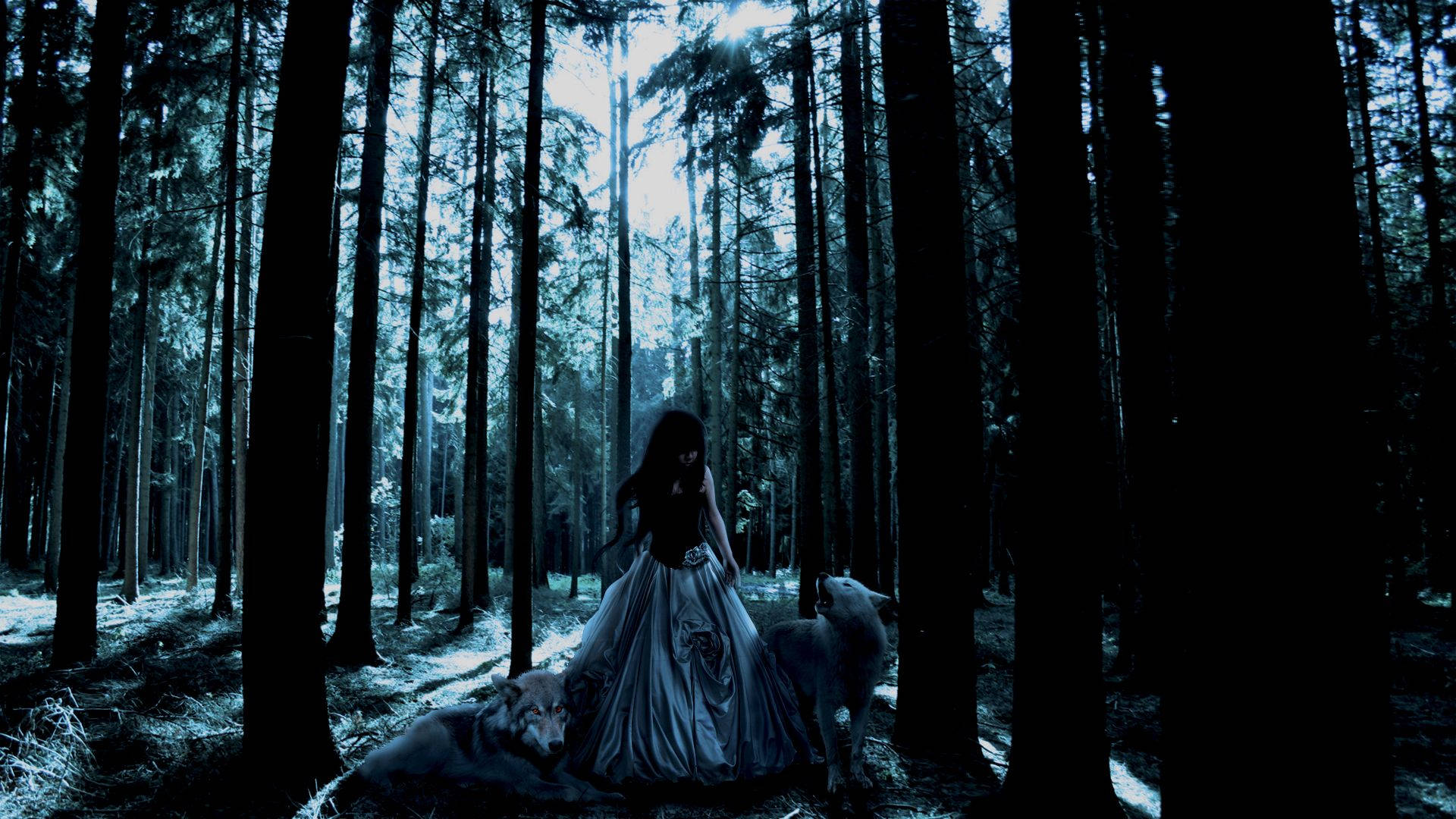 A Gothic Girl Wanders Through the Woods With Her Wolf Companions Wallpaper