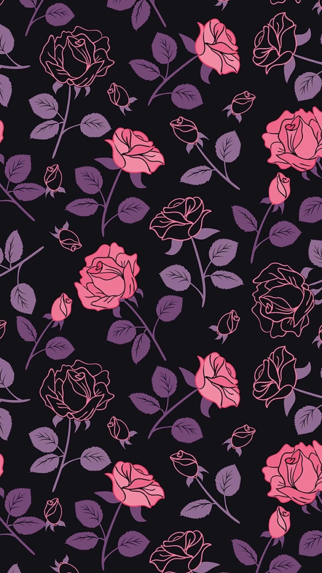 A Pink And Purple Rose Pattern On A Black Background Wallpaper