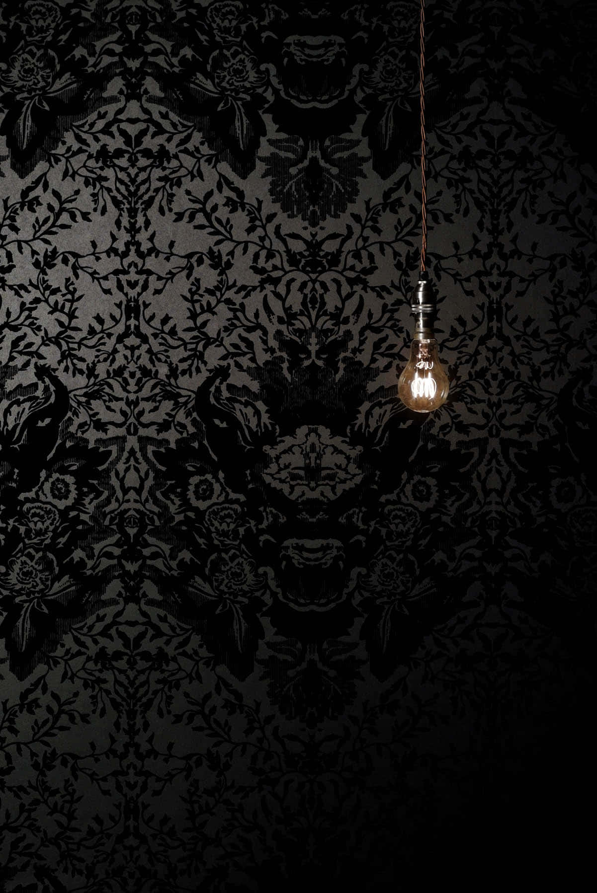 Et lyspære hængende fra et sort tapet. Wallpaper