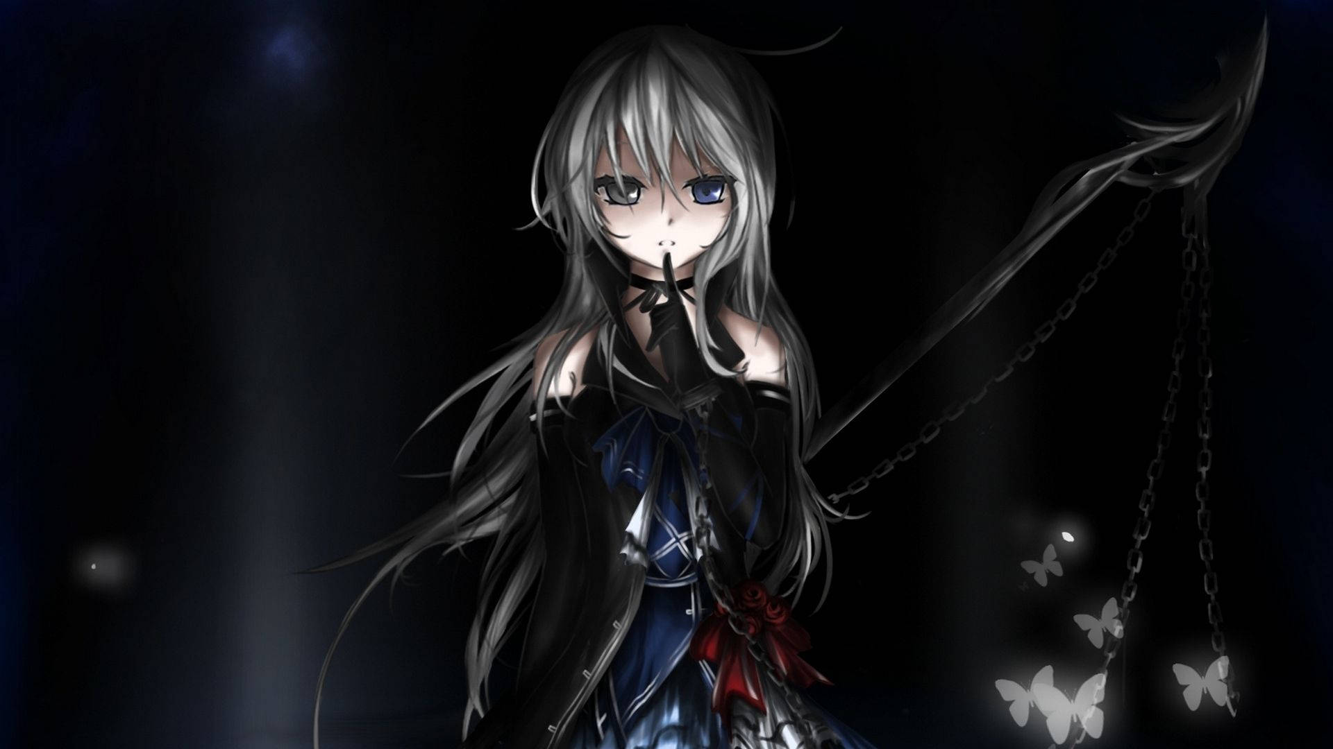 Anime girl in black gothic lolita dress with white butterflies wallpaper