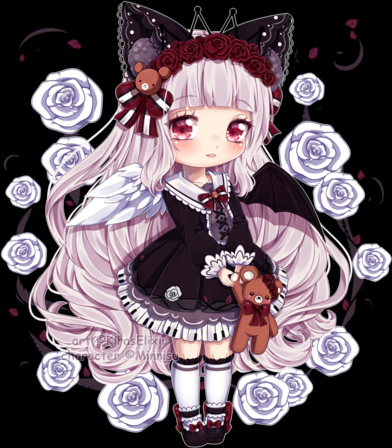 Gothic Lolita Chibi Girlwith Rosesand Teddy Bear PNG