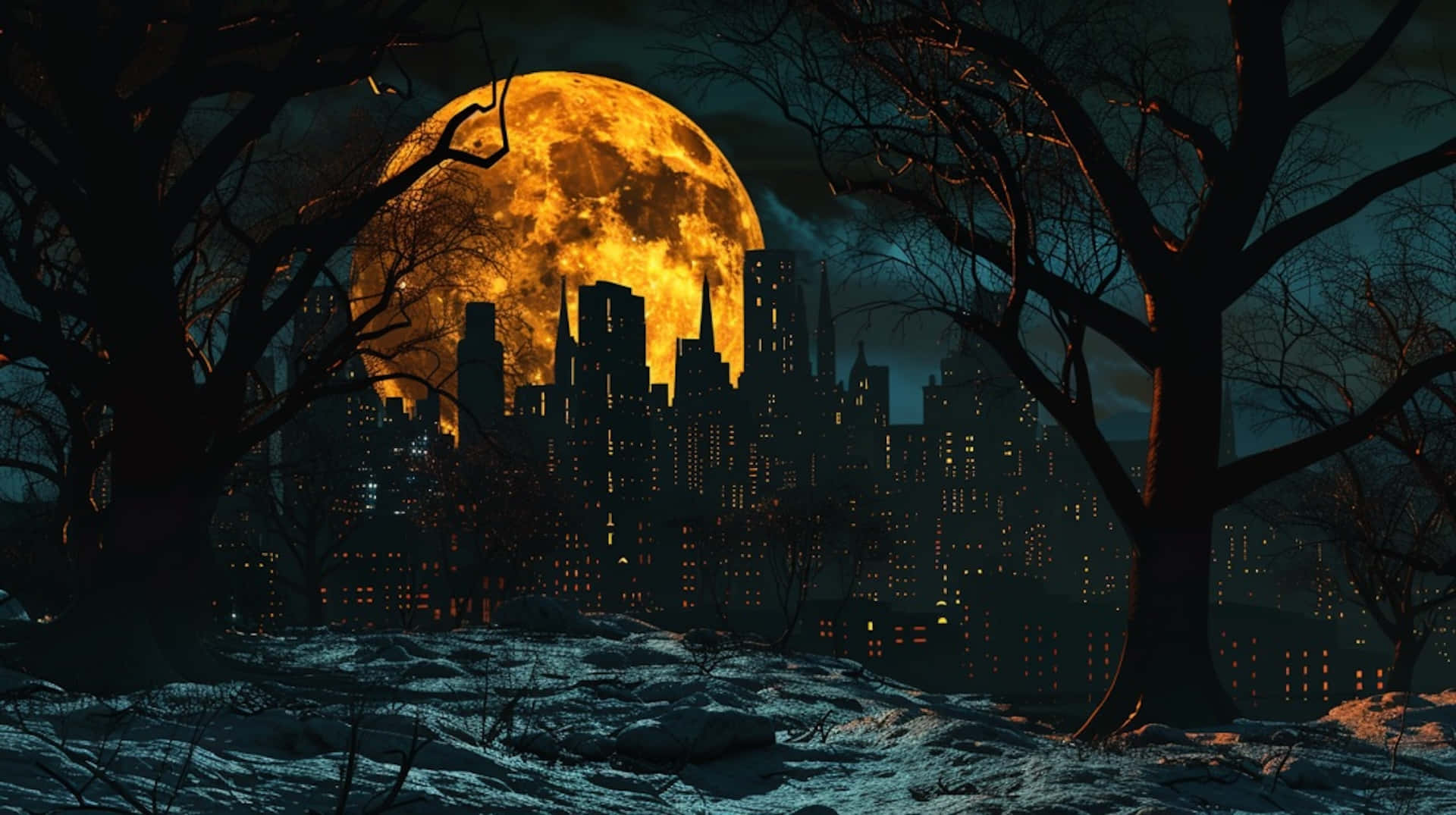 Gothic_ Moonrise_ Over_ Cityscape Wallpaper