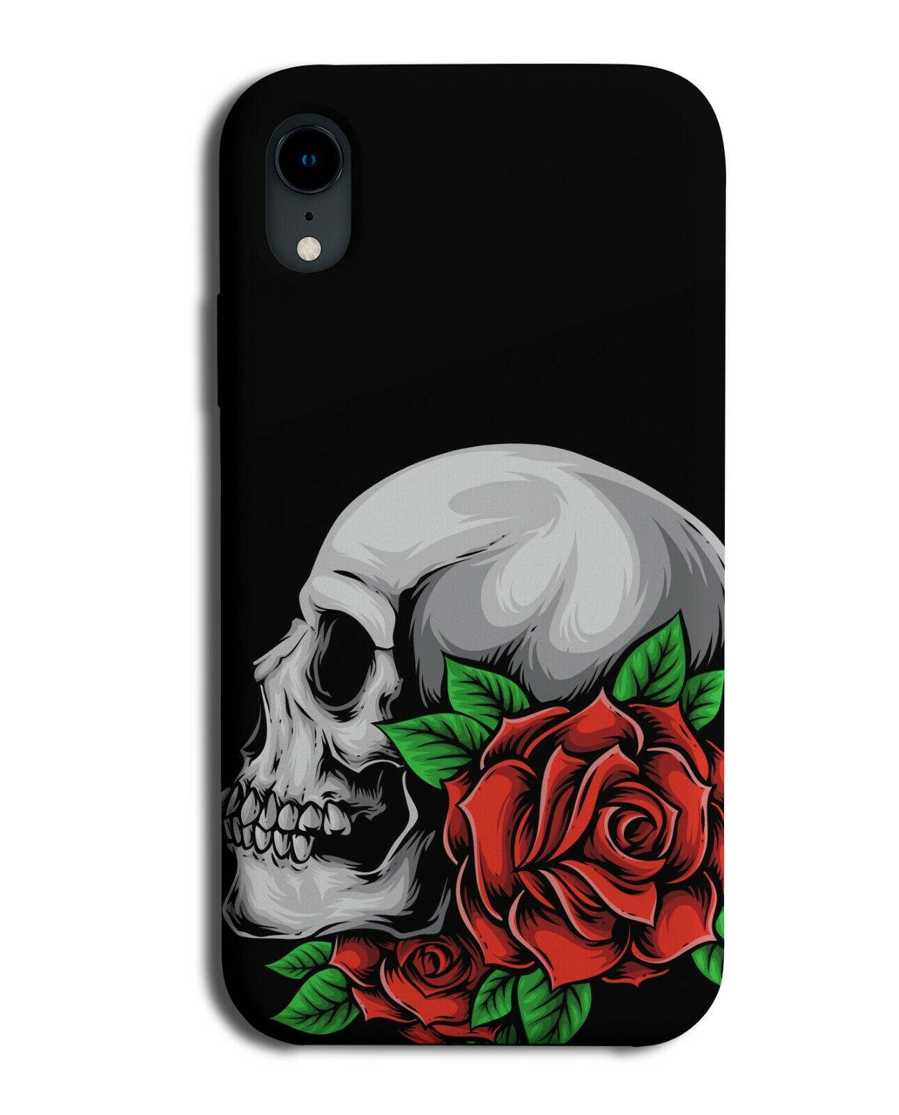 Et sort telefonhylster med et knoglehoved og roser-print Wallpaper