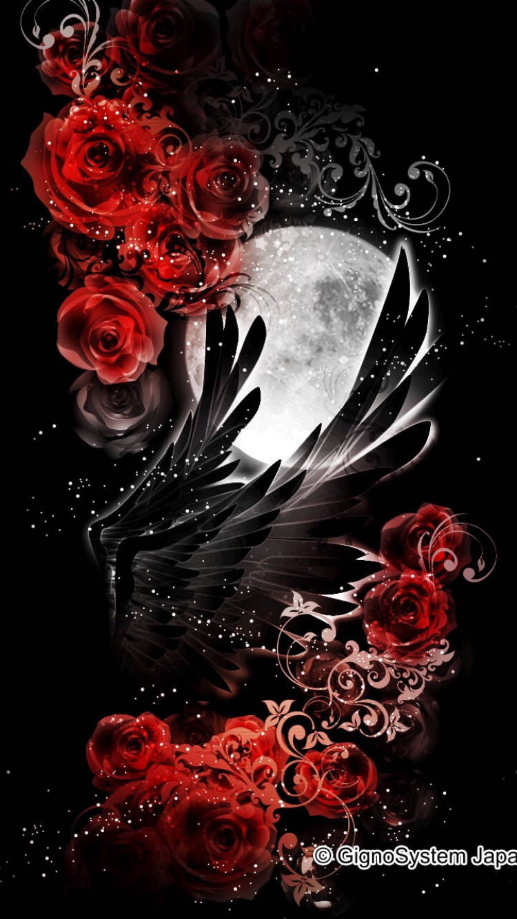 En sort baggrund med røde roser og en måne i midten Wallpaper
