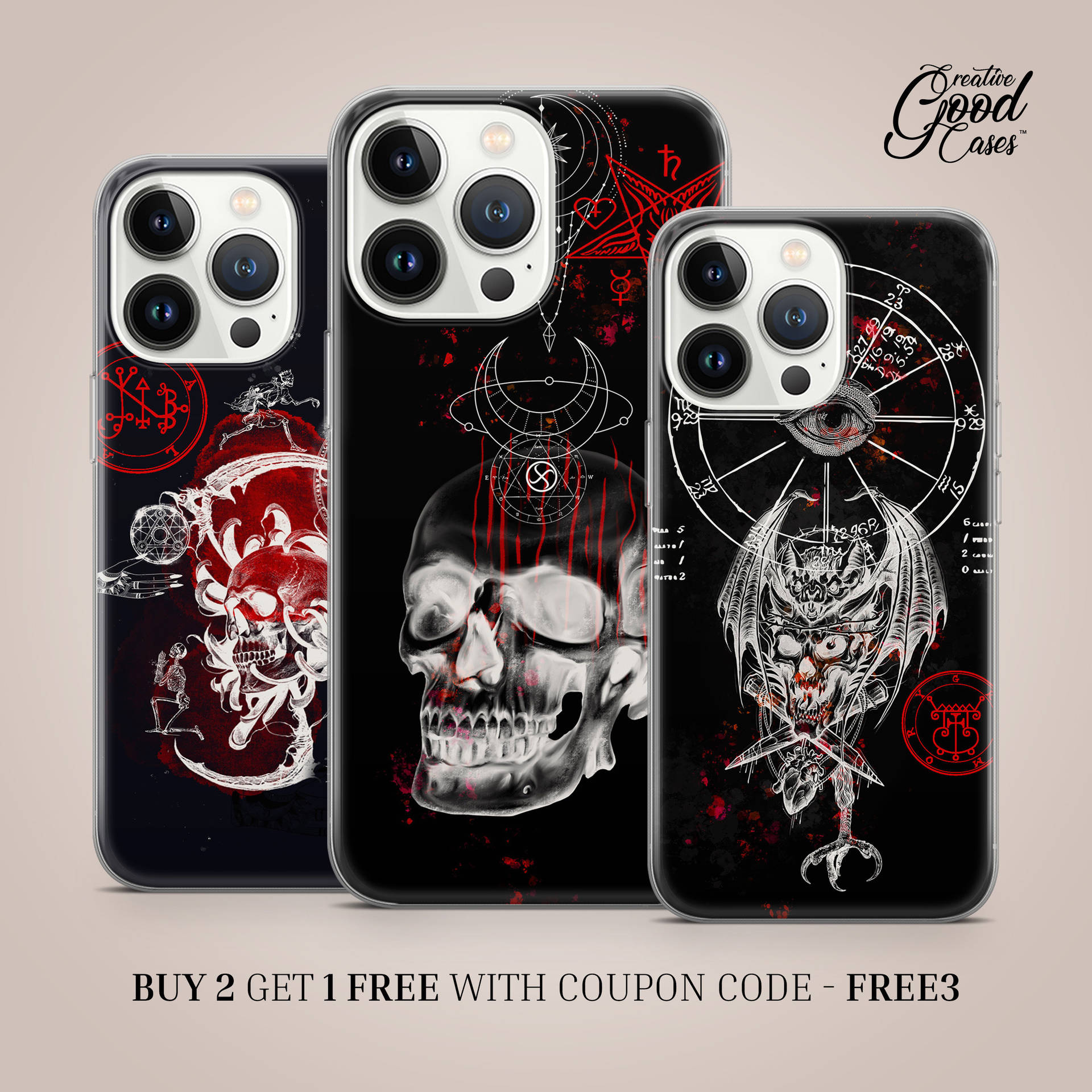 three phone cases with skulls and devils on them Wallpaper