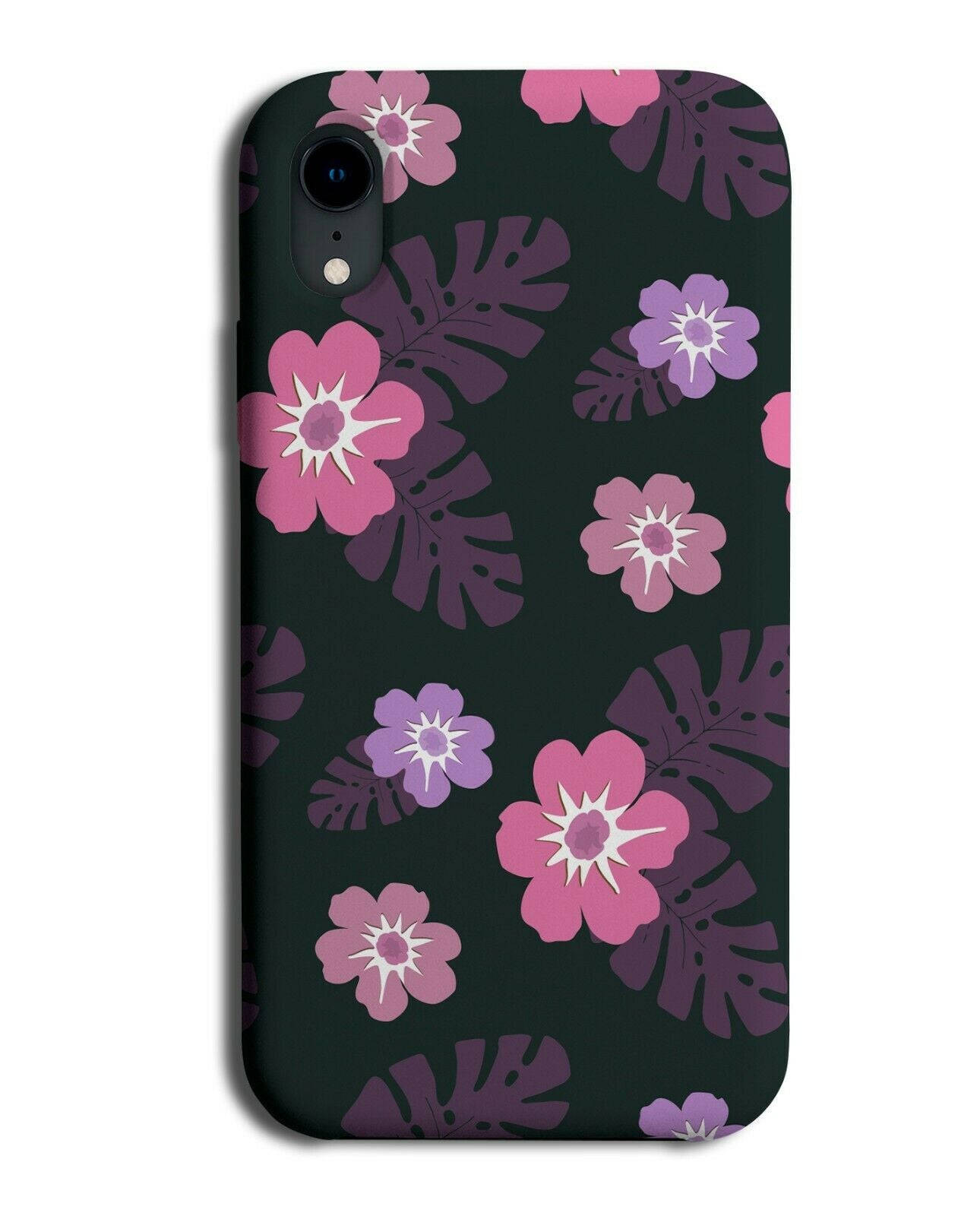 A Phone Case With Purple Flowers On Black Wallpaper