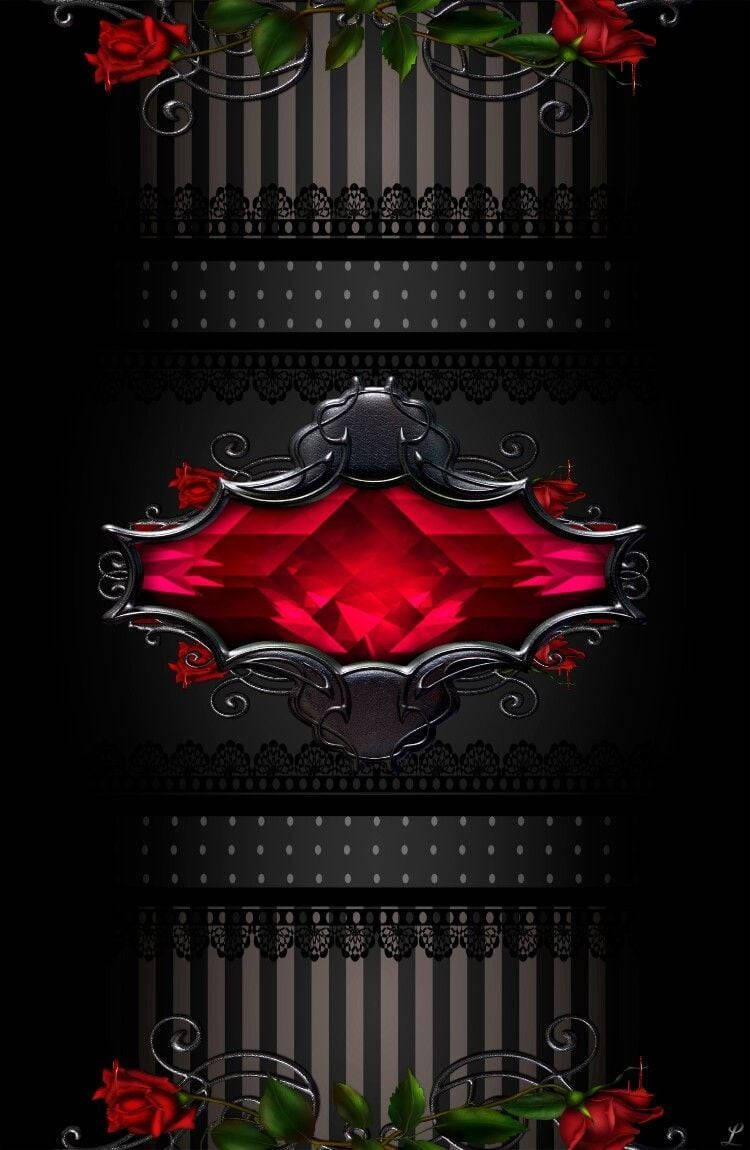 En sort baggrund med røde roser og en rød juvel kant. Wallpaper