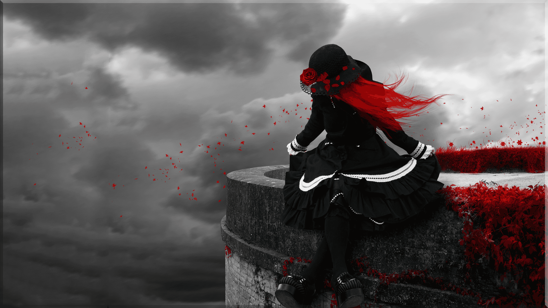 Fantasi Gothic Dengan Aksen Merah Wallpaper