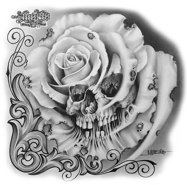 Gothic Roseand Skull Drawing PNG