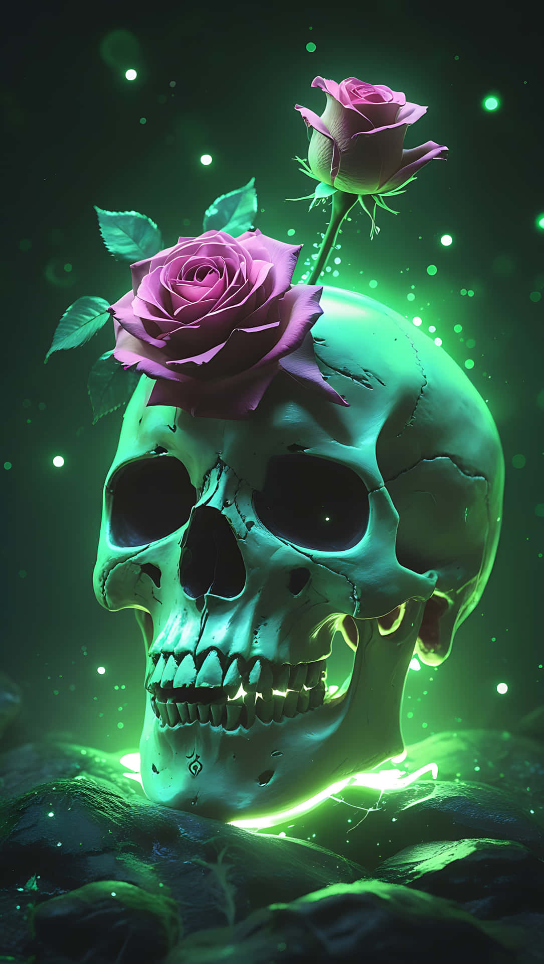Gothic Skull And Rose Under A Celestial Glow. Smartphone Wallpaper Wallpaper