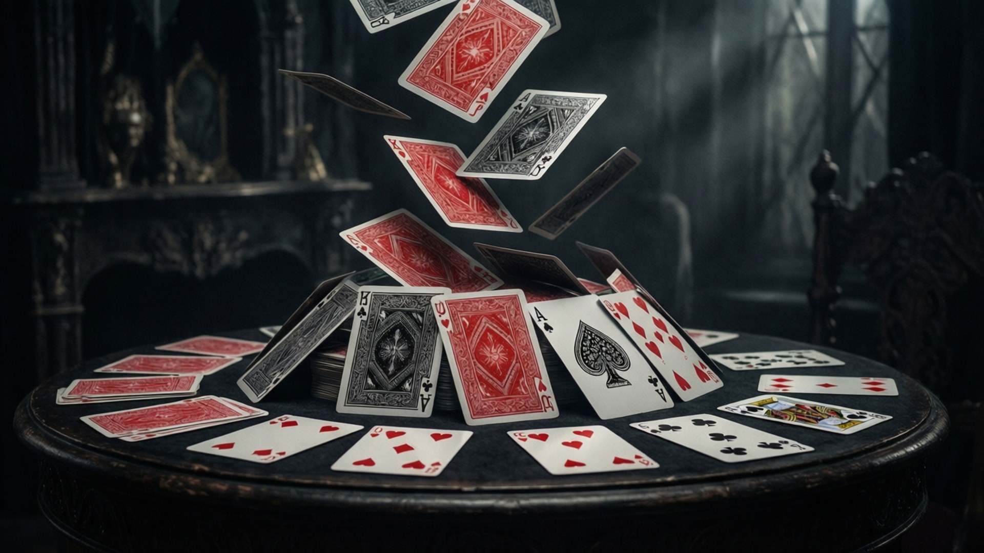 Cascade Solitaire Gothique Fonds d'écran — Solitaire mélancolique avec des cartes en cascade dans un rouge et noir dramatiques.