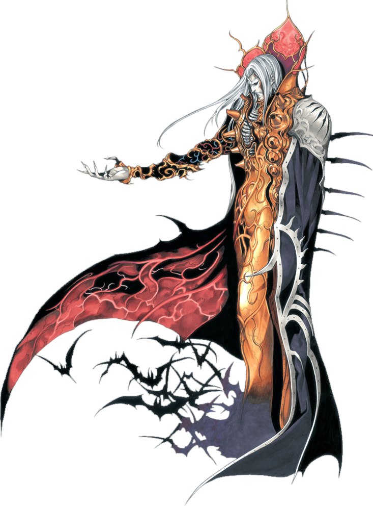 Gothic Vampire Artwork PNG — A menacing anime-style demon with glowing red wings and ornate golden armor stands against a black background.