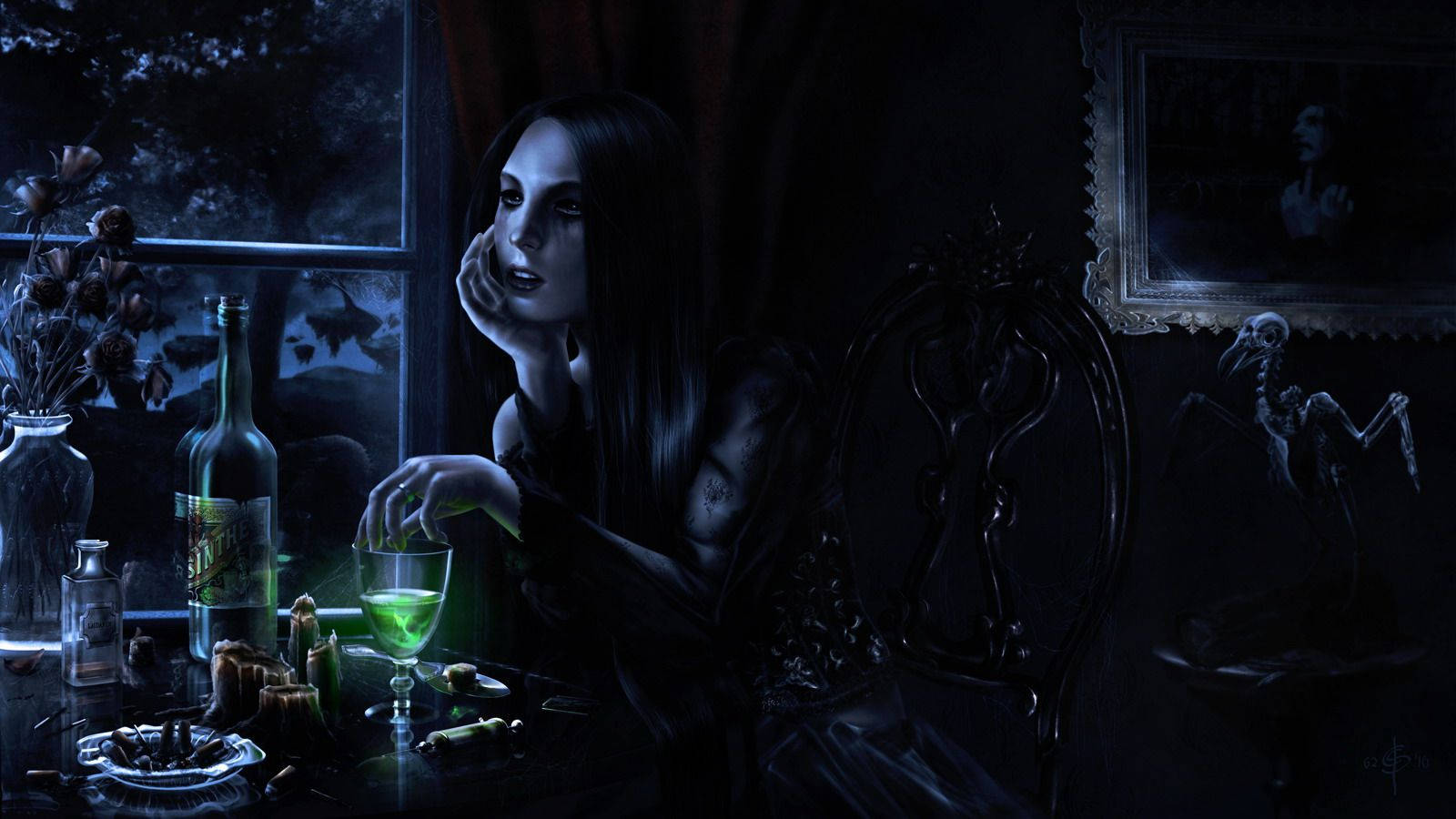 A Gothic Vampire Girl Enjoys Her Drink Wallpaper