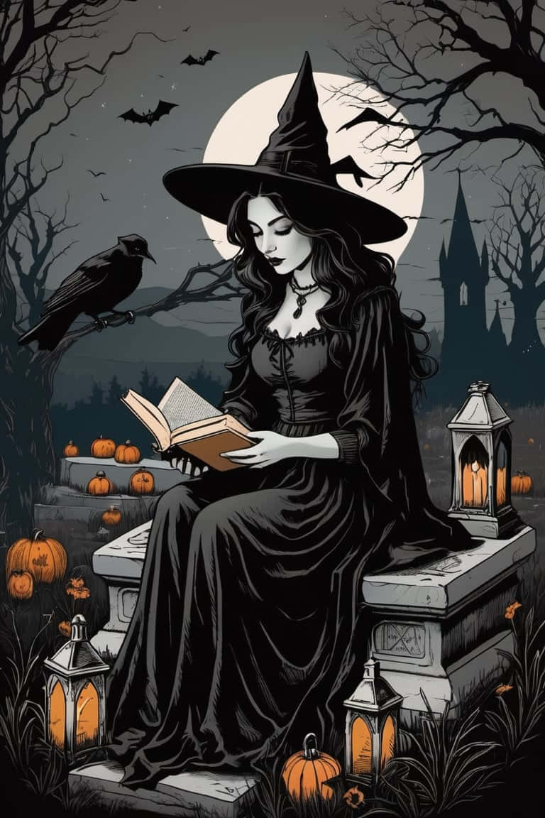 Gothic Witch Moonlit Reading Wallpaper
