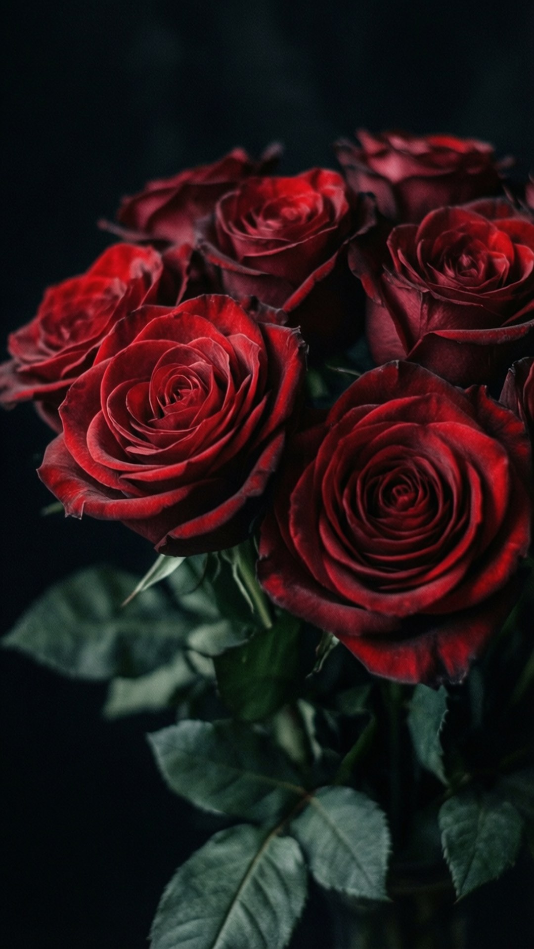 Gothic Red Roses Wallpaper — A close-up of deep crimson roses with velvety petals and dark green leaves against a black background.