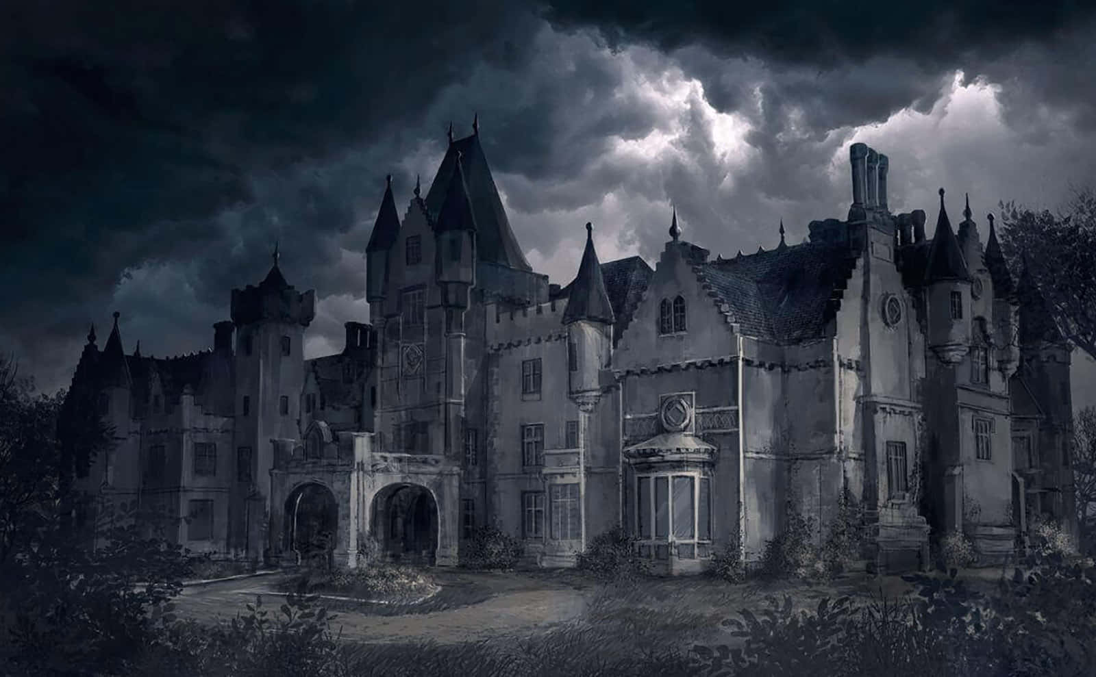 Gotiske billeder af slotte i den natte himmel