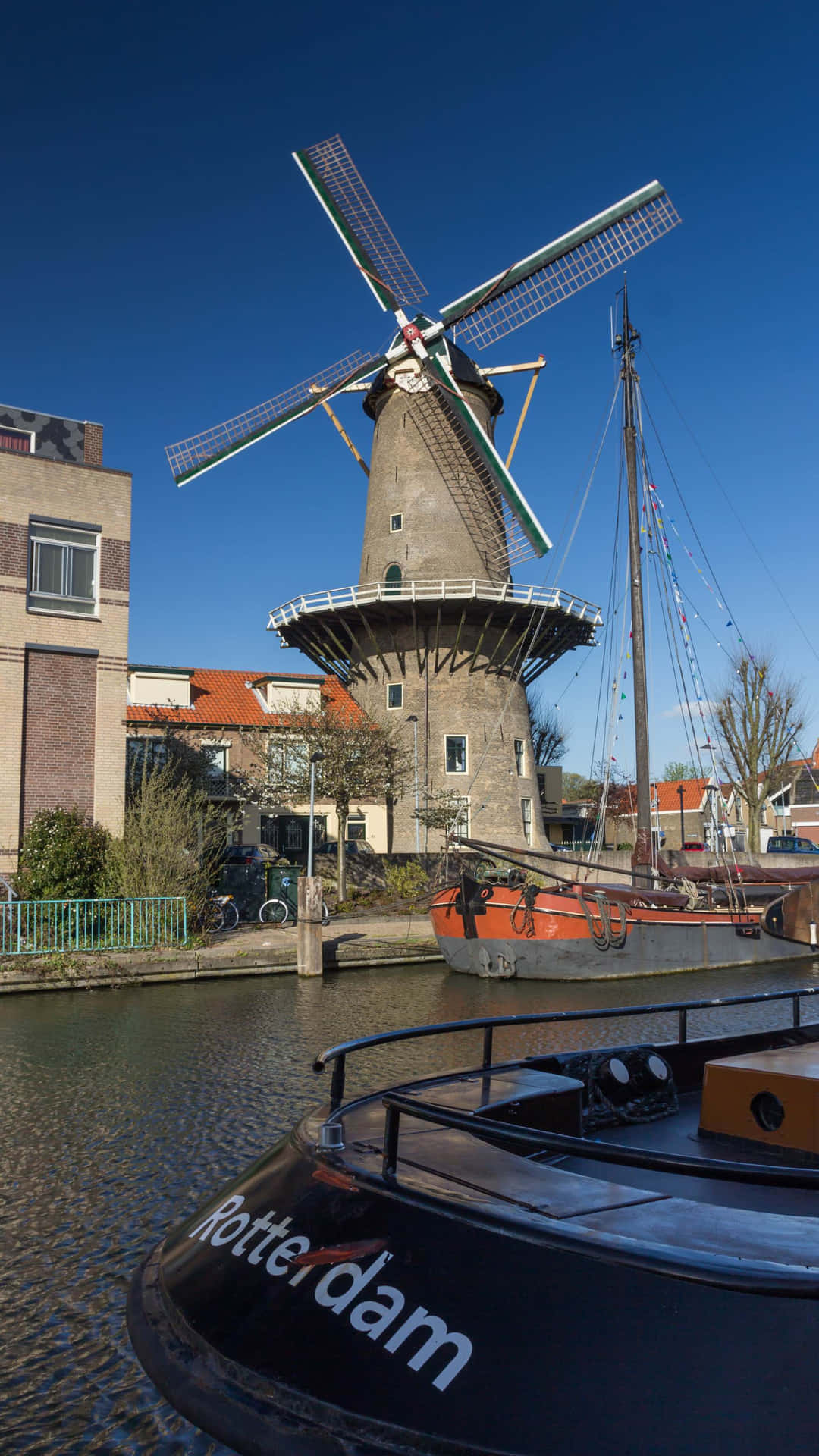 Gouda Windmilland Boat Netherlands Wallpaper