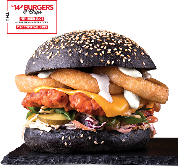 Gourmet Black Bun Burgerwith Beer Promo PNG