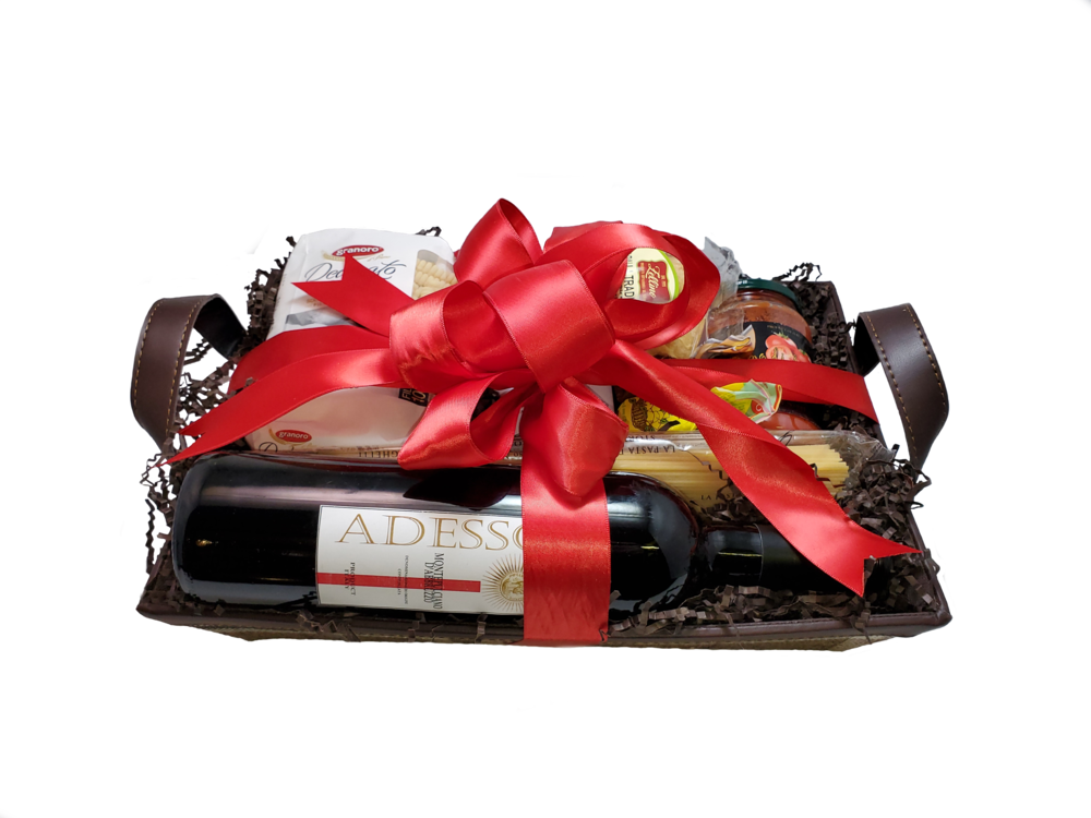 Gourmet Gift Basketwith Red Ribbon PNG