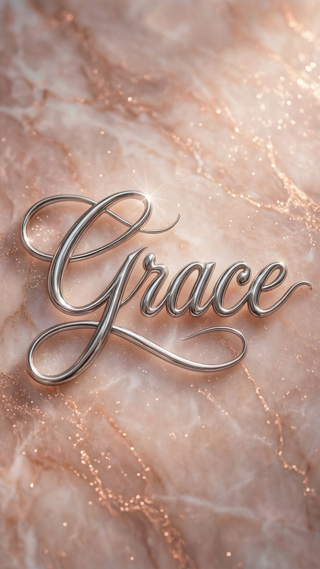 A romantic wallpaper with silver cursive tattoo font on rose gold marble.