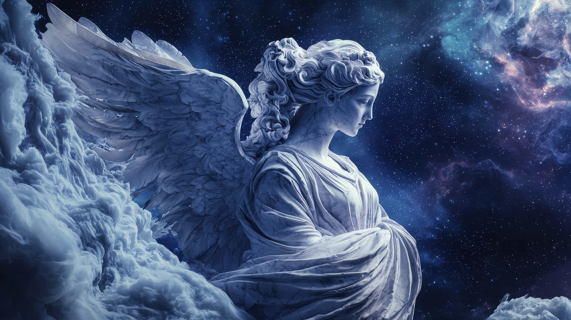 Graceful Marble Angel With Expansive Wings Emerging From Celestial Clouds In A Cosmic Dreamscape Wallpaper