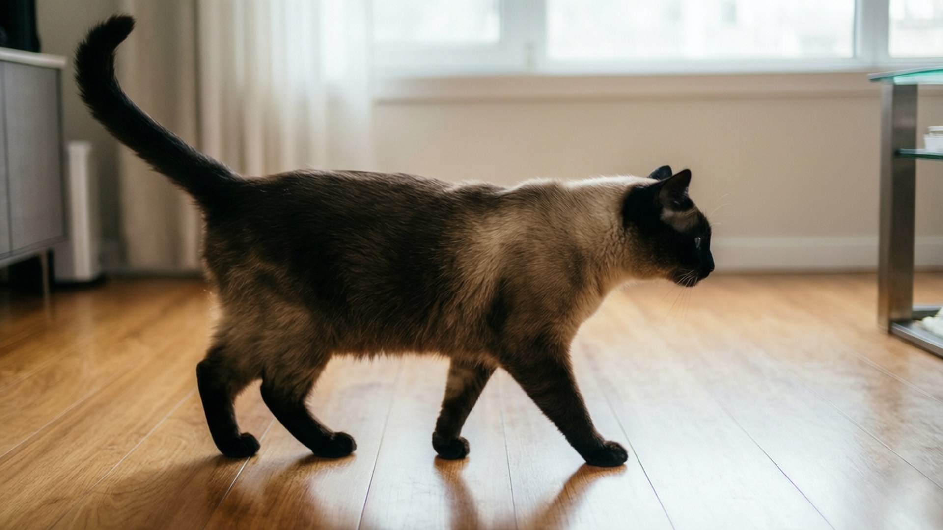 A siamese cat walking on a wooden floor near a window.