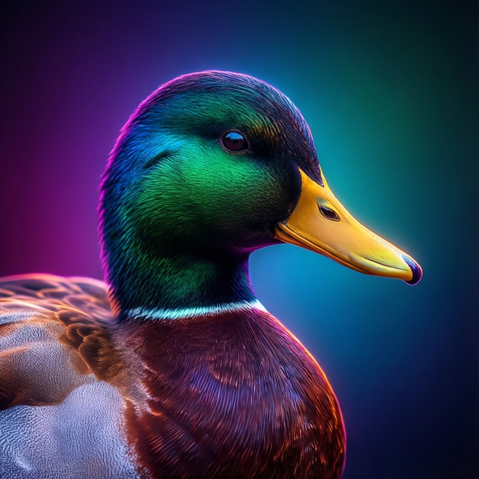 Gradient Duck Wallpaper — Potret digital yang hidup dari seekor bebek mallard jantan dengan kepala hijau berkilau dan paruh kuning dengan latar belakang gradien ungu dan biru neon.