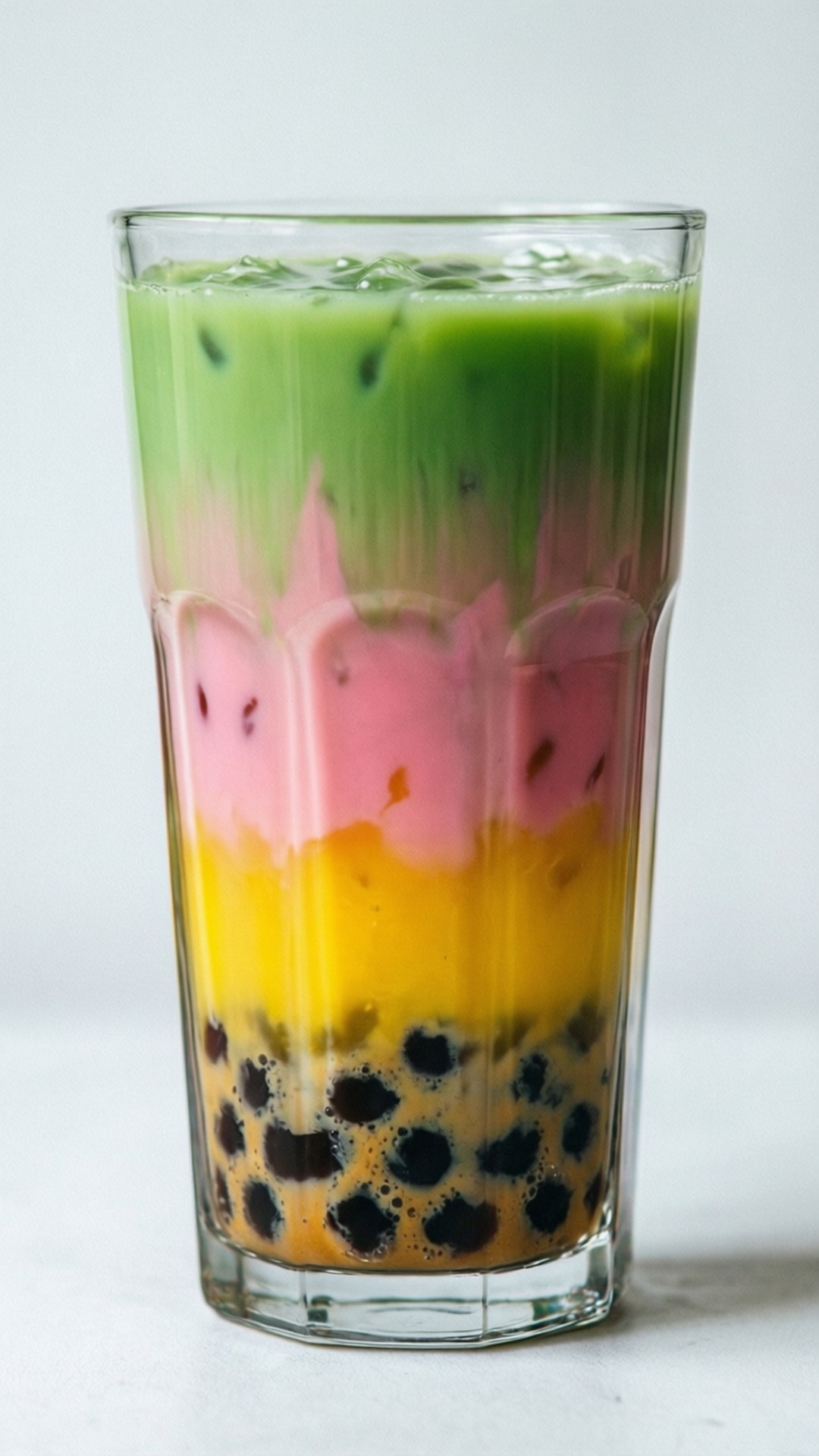 Bubble tea berlapis warna-warni yang indah dalam gelas tinggi.